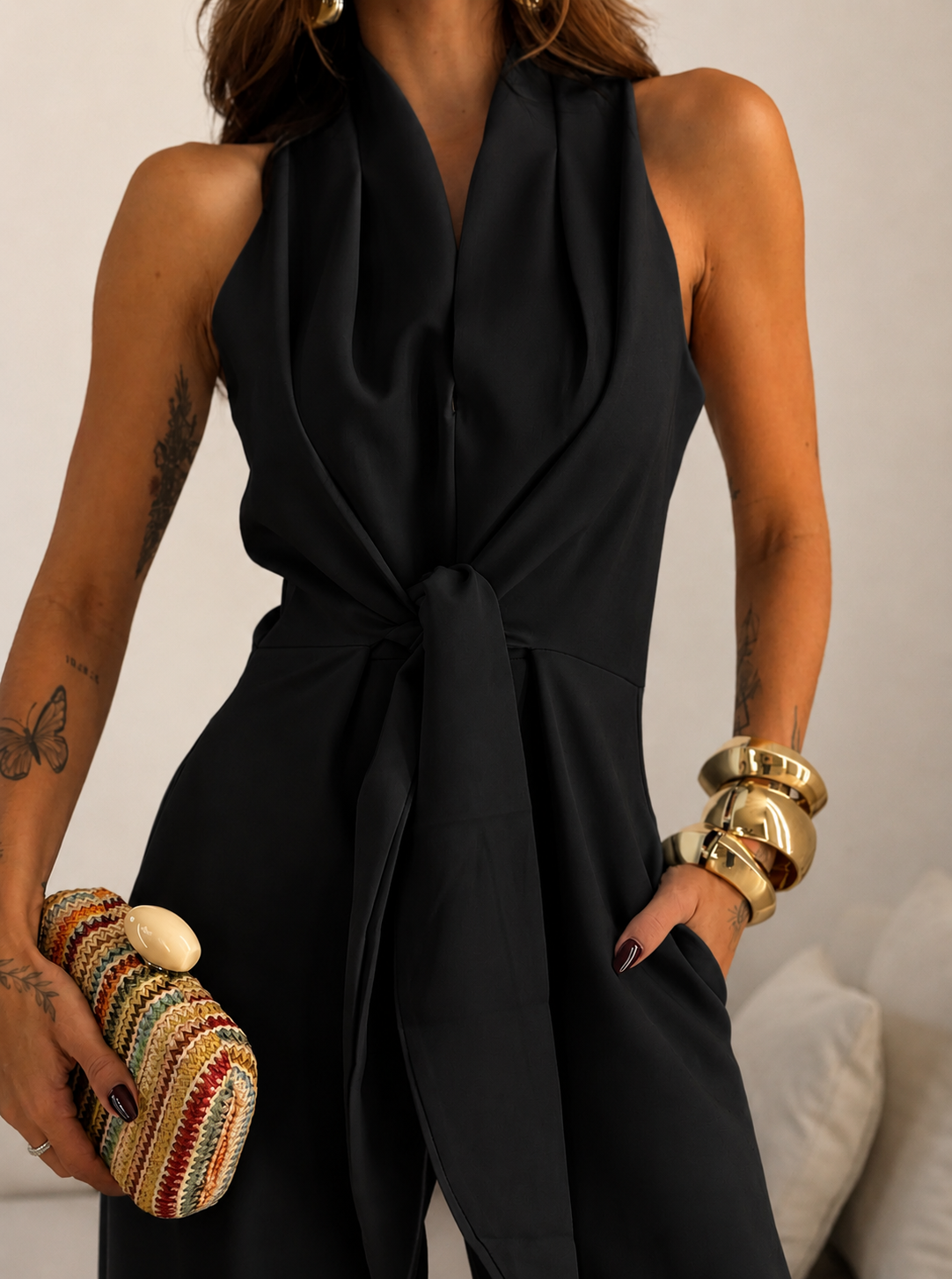 Valentina | Halter jumpsuit with front tie and wide-leg palazzo cut