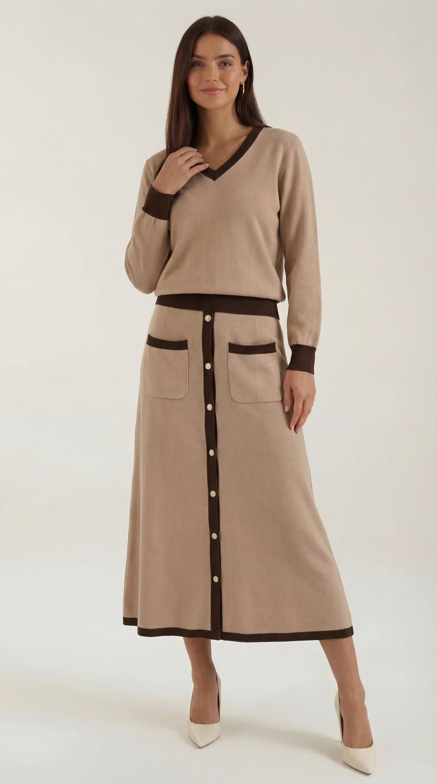 'Cheryl' V-neck sweater and midi skirt set